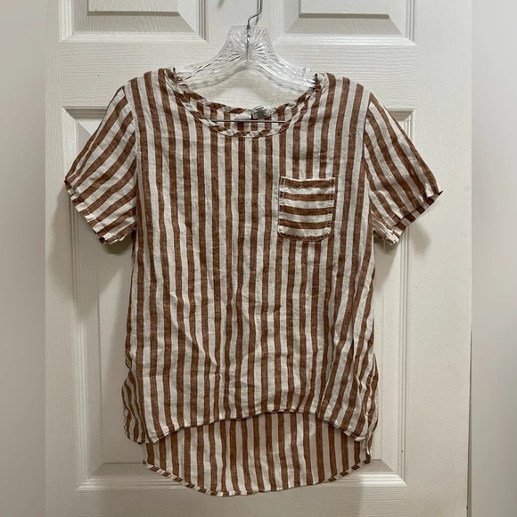Artisan NY Top Stripe 100%  Linen Cap Sleeve Pocket Detail Size Small - Picture 1 of 8